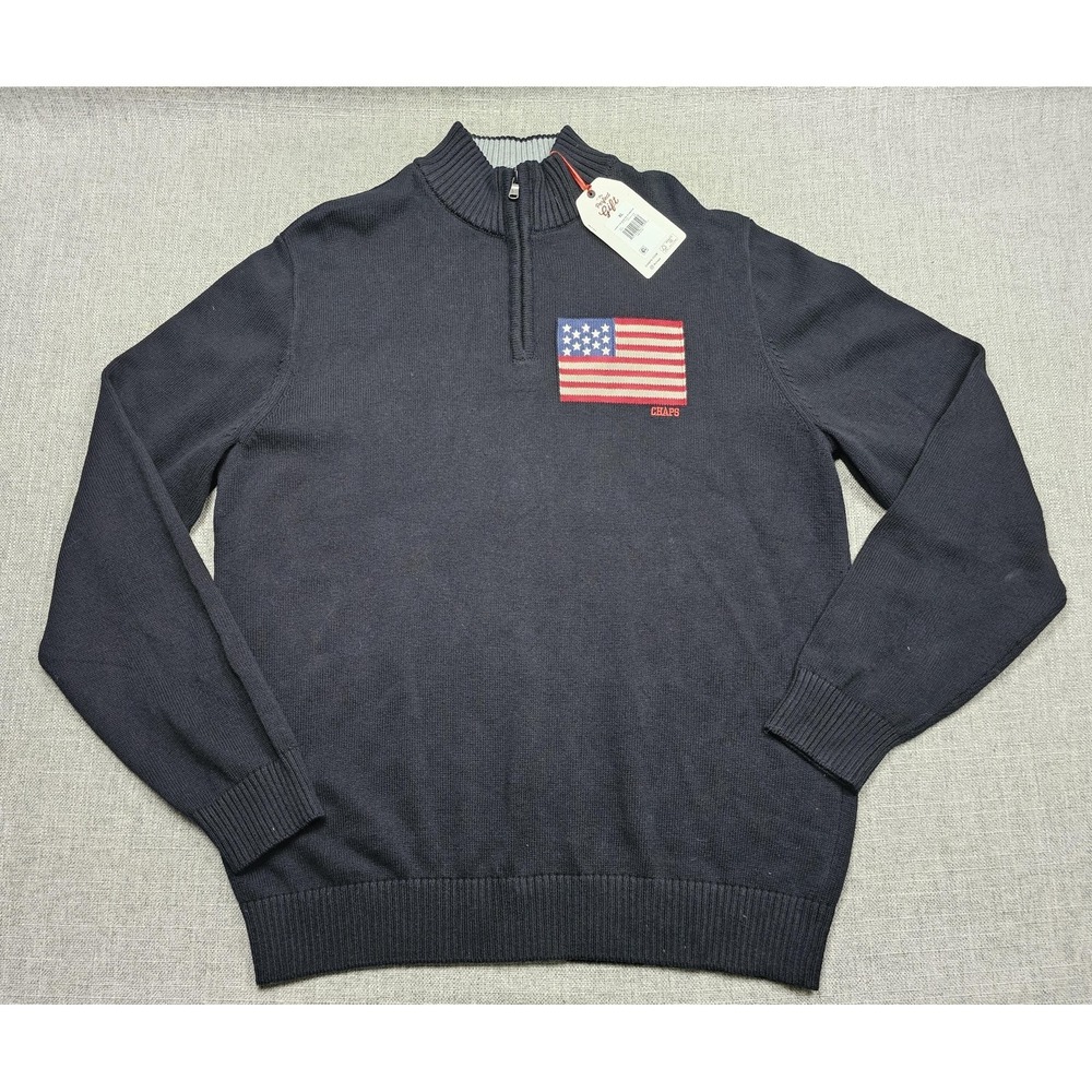 Chaps Sweater Mens XL Black USA Flag 1/4 Zip Mock Neck Pullover Ralph Lauren
